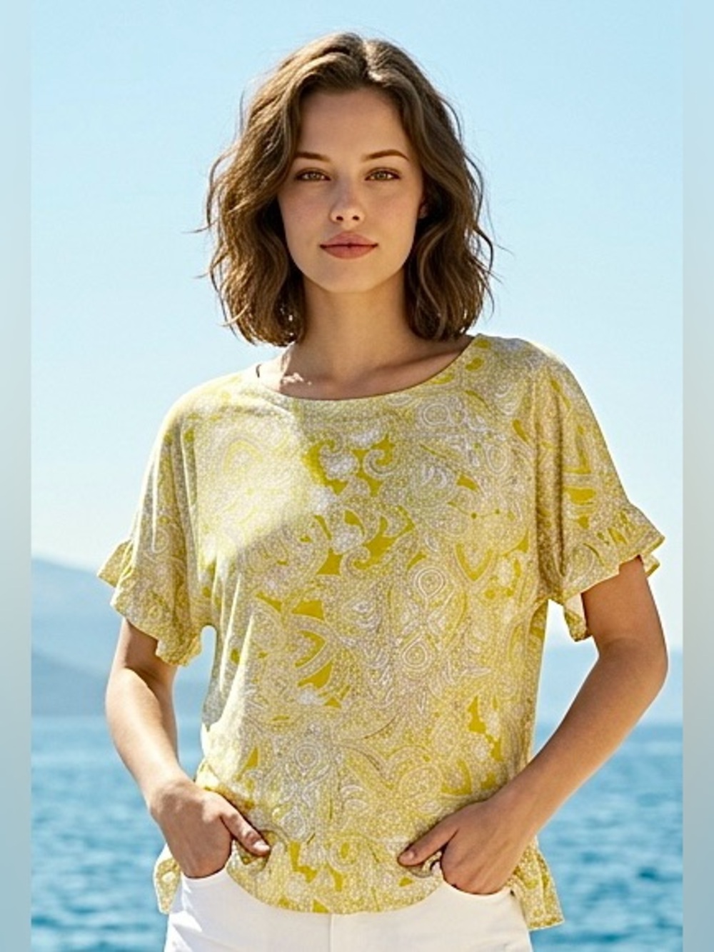 2 for $20 Tops Counterparts Soft Jersey Knit Ruffles Paisley Yellow Size L NWOT